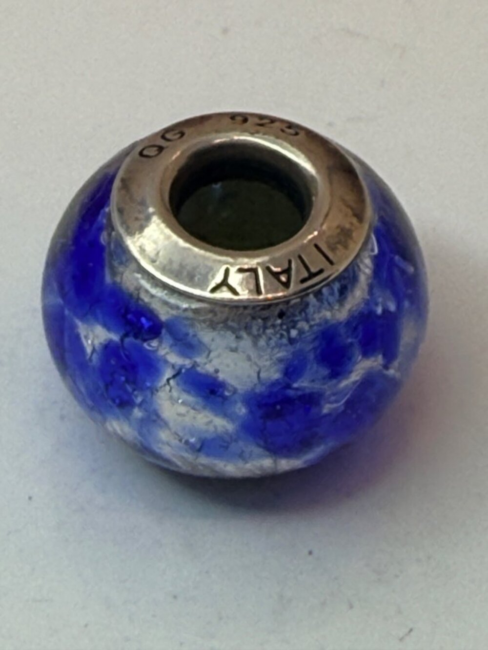 Quality Gold QG 925 Italy Blue Silver Foil Glass Sterling Charm Bead